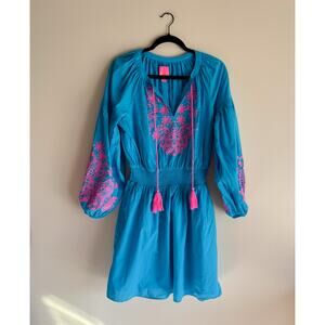 Lilly Pulitizer Turquoise Oasis Blue + Neon Pink Embroidered Analynn Tunic Dress